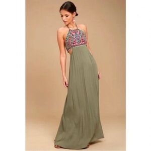 Lulu's Olive Green Maxi Dress with Multicolor Embroidered Bodice